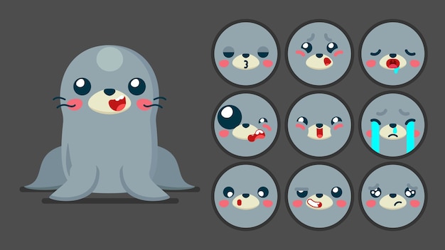Vector cute seal set of animal emotions tiny seal with emoji collocation sleeping crying sad bored