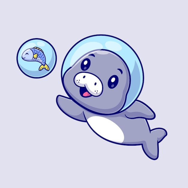 Cute Seals Astronaut Catching Fish Cartoon Vector Icon Illustration. Animal Nature Isolated Flat