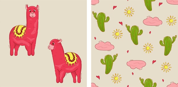 Cute seamless baby pattern with llama Cartoon pattern with llama cactus sun and cloud