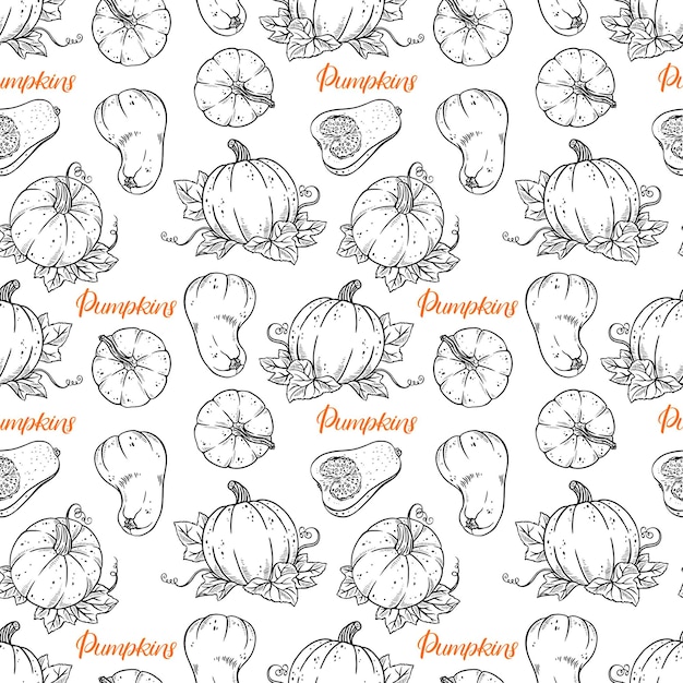 Vector cute seamless background of different pumpkins. hand-drawn illustration