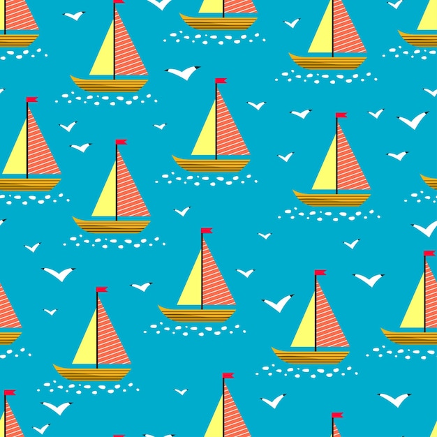 Cute seamless background of sailing ships and gulls