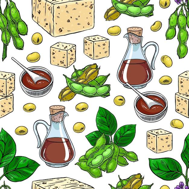 Cute seamless background of soybeans soy sauce and tofu