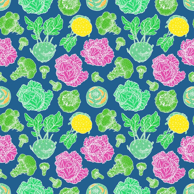 Cute seamless background of various kinds of bright color cabbage. white cabbage, Scotch kale, kohlrabi, broccoli. hand-drawn illustration