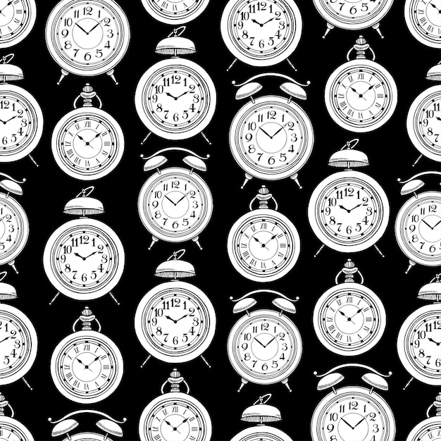 Vector cute seamless background of vintage clock. hand-drawn illustration