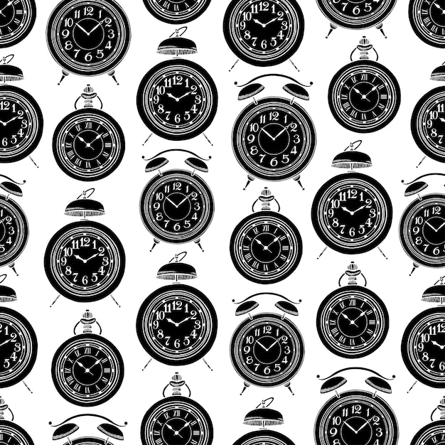 Cute seamless background of vintage clock. hand-drawn illustration