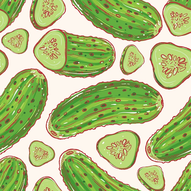 Cute seamless background with hand-drawn cucumbers