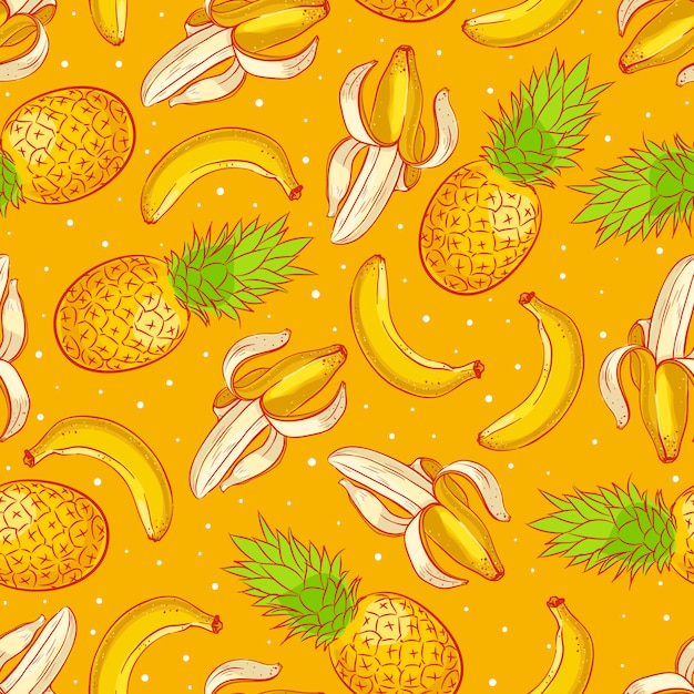 Fondo senza cuciture sveglio con ananas e banane appetitosi maturi