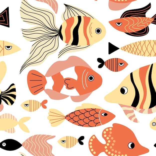 Vector cute seamless childish pattern with sea animals fish bright background for the design of textile