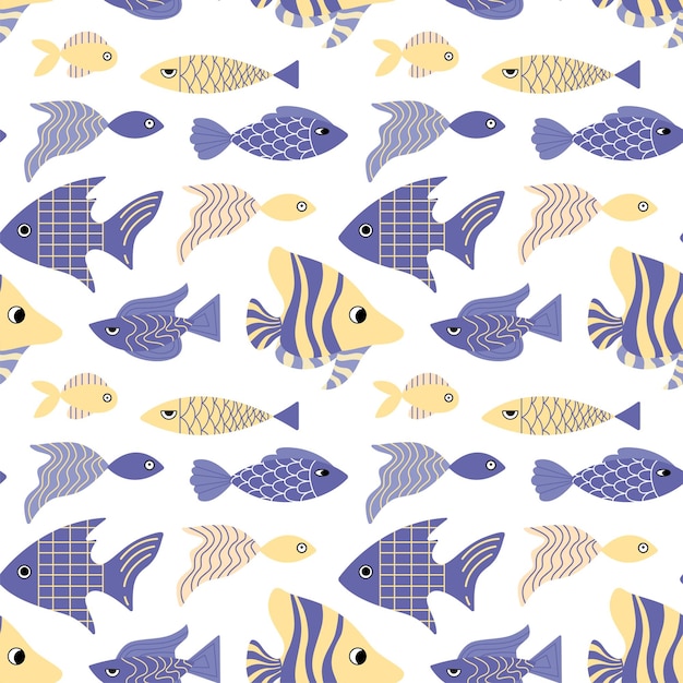 海の動物の魚とかわいいシームレスな幼稚なパターンテキスタイルのデザインのための明るい背景