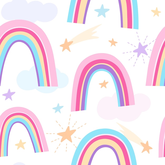 Cute seamless children pattern with rainbows, clouds and stars in boho, flat, doodle style