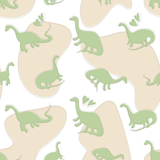 Vector cute seamless dinosaur pattern with beige spots hearts print with green dinosaurs baby pattern