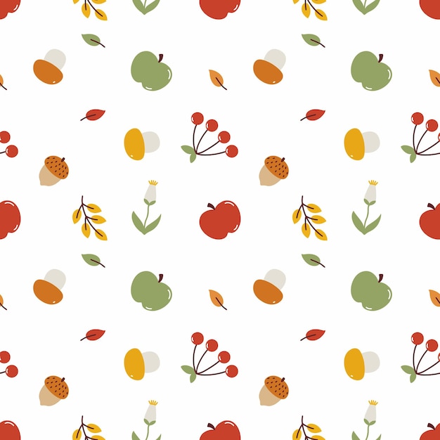 벡터 귀여운 원활한가 패턴입니다. 가을 수확 벽지. 옷을 바느질하고 직물에 인쇄하기 위한 배경. 사과, 버섯, 딸기 및 흰색 배경에 나뭇잎. 포장지 디자인.