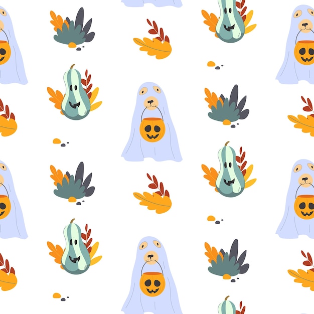 Cute seamless Halloween pattern with a ghost dog and a jack o lantern Vector Halloween pattern