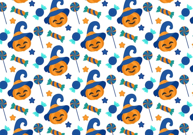 Cute seamless halloween pattern with pumpkins and candy