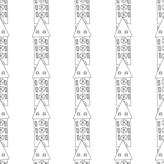 Cute seamless hand drawn pattern with doodle houses in line art style for kids fabric prints