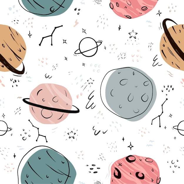 cute seamless hand drawn space pattern with star constellation comet spacecraft planets galaxy