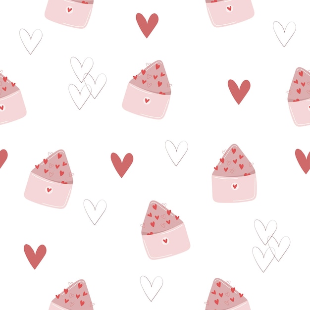 Cute seamless love pattern with pink hearts envelopes mail on white background Valentines day