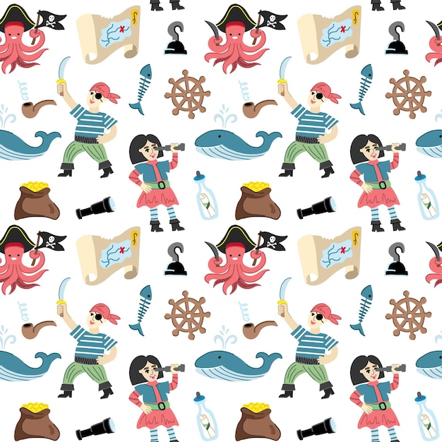 Cute seamless marinestyle pattern with kids in pirate clothes whale spyglass treasure map