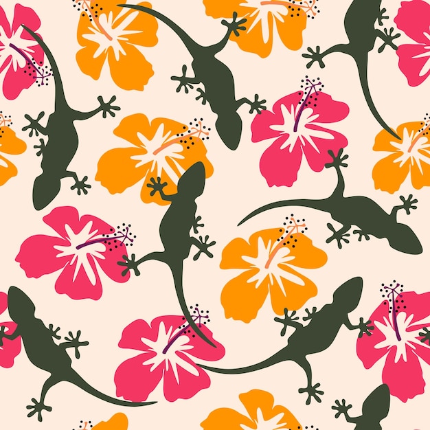 Cute seamless pattern background illustration with colorful hibiscus flowers and green lizard