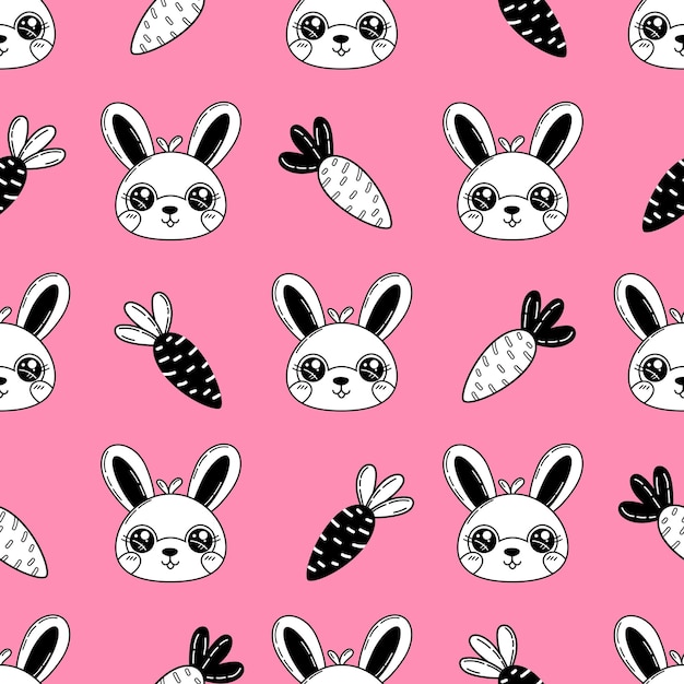 Cute seamless pattern black and white doodle bunny and carrot on bright pink background