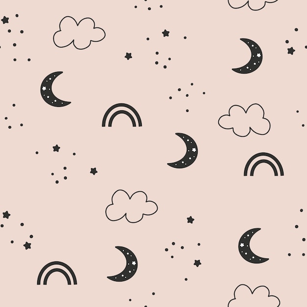 Cute seamless pattern of childish starry sky moon with stars in the background vector simple childrens hand drawn background in cartoon style