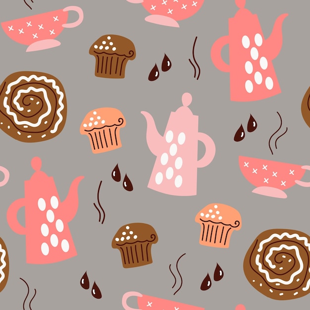 Cute seamless pattern of coffee and pastries doodle sketch hand drawn style tea cupcake