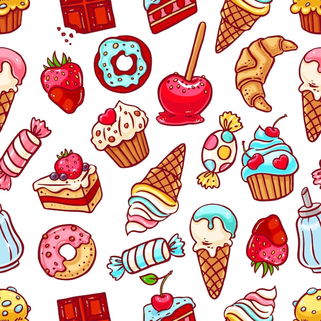 Modello senza cuciture sveglio di dolci diversi. illustrazione disegnata a mano