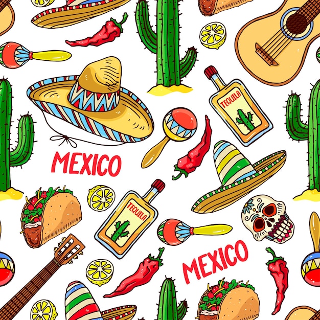 Cute seamless pattern of different traditional mexican elements