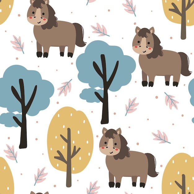 cute seamless pattern hand drawing cartoon horse and tree