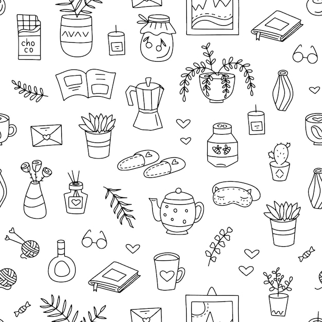 Cute seamless pattern of hand drawn doodles about home comfort, quarantine, working from home. Isola