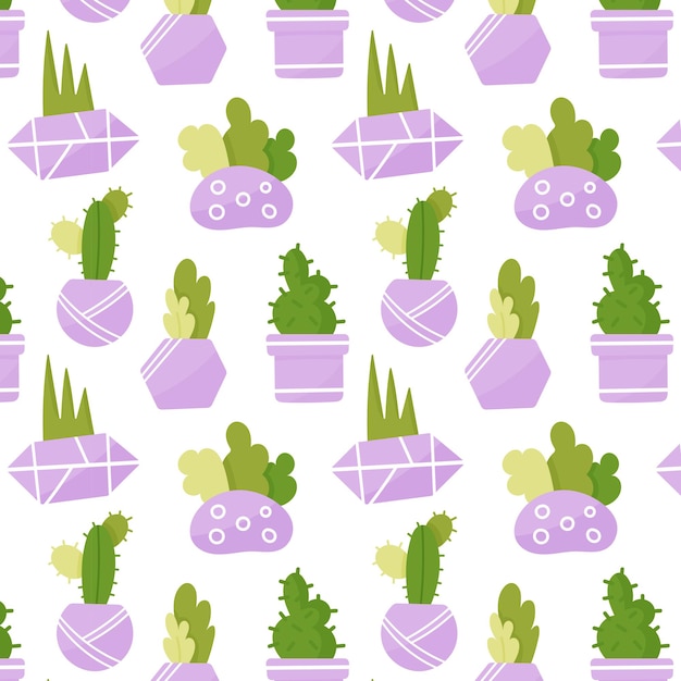 Simpatico modello senza cuciture di piante da appartamento. succulente in vasi lilla. vettore premium disegnato a mano