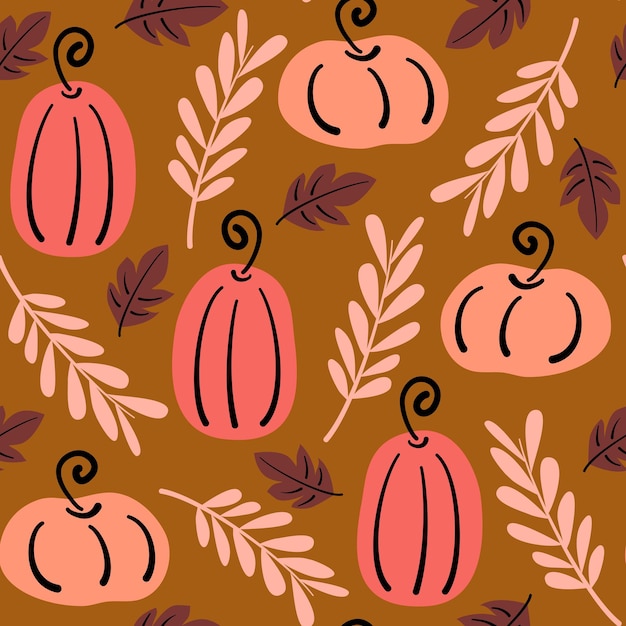 cute seamless pattern illustration with pumpkins and leaves