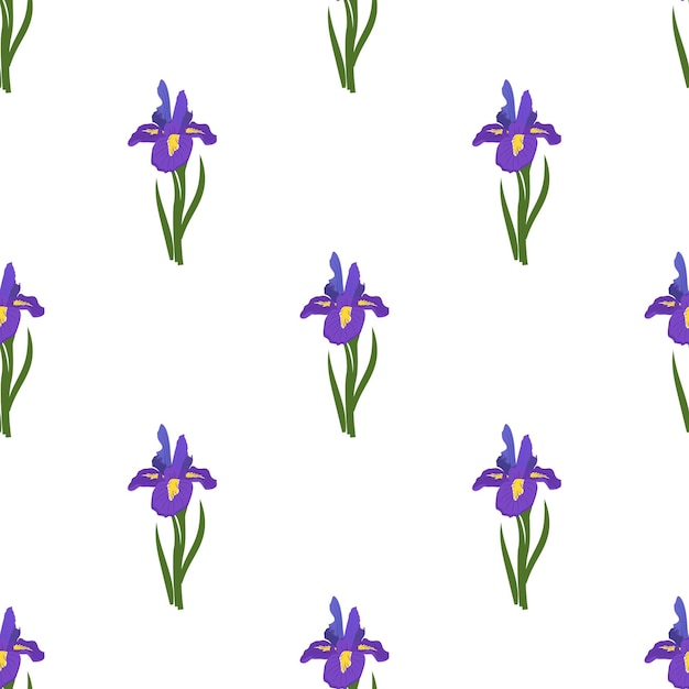 Cute seamless pattern of iris flowers. Bright spring and summer print with green leaves.