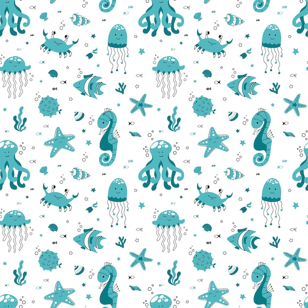 Cute seamless pattern nautical theme Ocean and sea life background for children