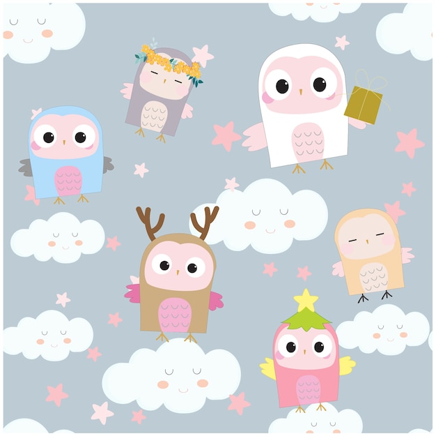 Cute seamless pattern owl celebrated