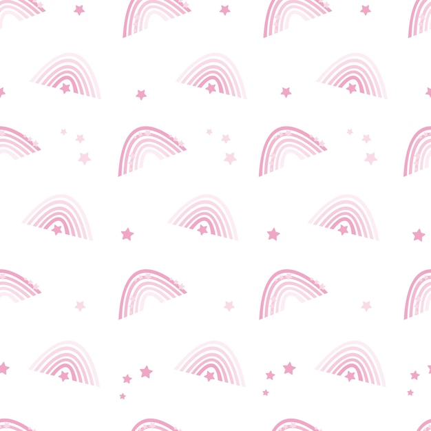 Cute seamless pattern of pink rainbows with stars. Boho print, cute rainbows wallpaper for nursery