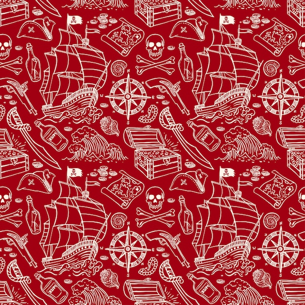 Cute seamless pattern of a pirate ship and attributes. hand-drawn illustration