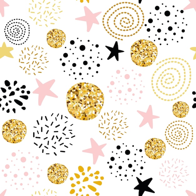 Cute seamless pattern polka dot stars abstract ornament decorated golden pink black hand drawn circles round shapes Vector illustration for wallpaper wrap Gold dots sparkles shining dots background