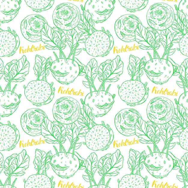 Vector cute seamless pattern of ripe sketch kohlrabi. hand-drawn illustration