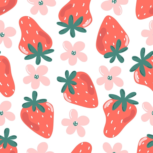 Vector cute seamless pattern of strawberry and flowers modern flat illustration