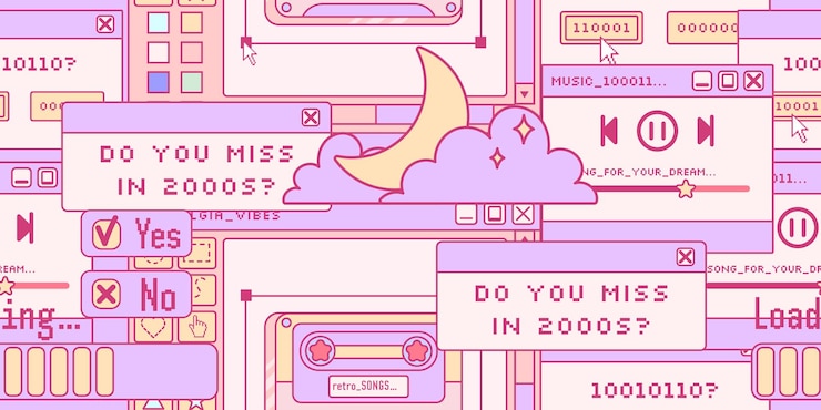 Vector cute seamless pattern in a trendy y2k style. nostalgia for 90s - 2000s. old computer aesthetics.