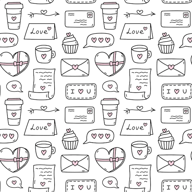 Cute seamless pattern for Valentine's Day with arrows love letters envelopes cupcakes chocolates