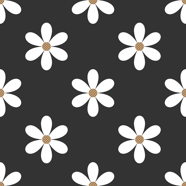 Cute seamless pattern of white flowers on black background Vector illustration