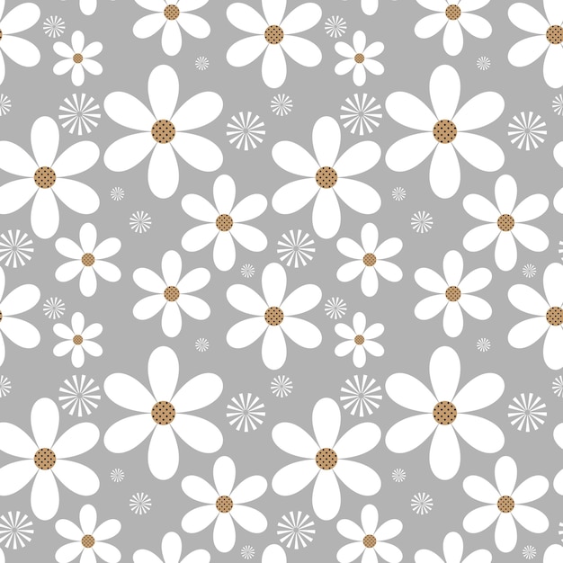 Cute seamless pattern of white flowers on gray background Vector illustration