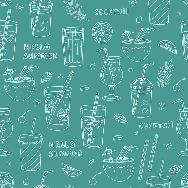 Vector cute seamless pattern with acoholic and nonacoholic cocktail lemon slices mint ice cubes doodle