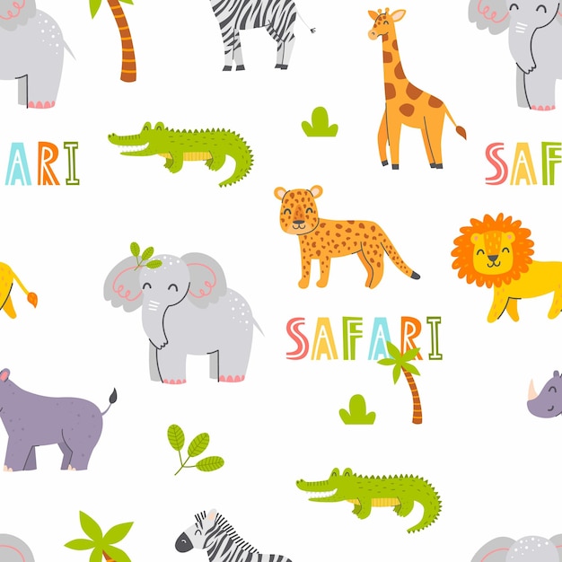 アフリカの動物のベクトル図とかわいいシームレスパターン