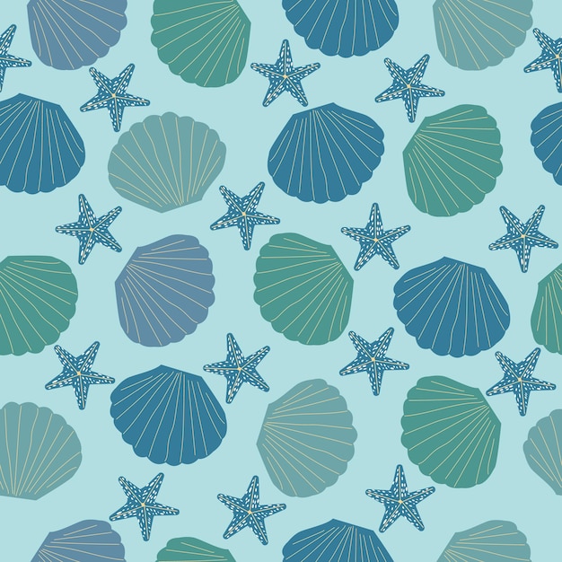 Cute seamless pattern with algae, corals and seashells. Vector illustration.