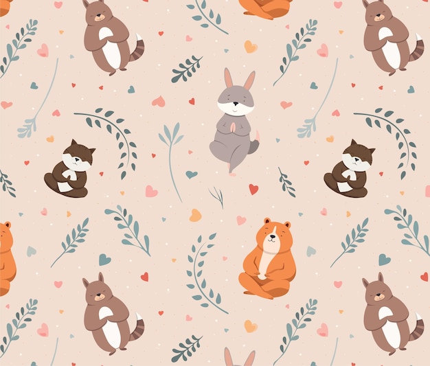 cute seamless pattern with animals in yoga poses Kids pastel background in cartoonish style with calming peaceful aesthetic for textile wallpaper linen backpack bags dress