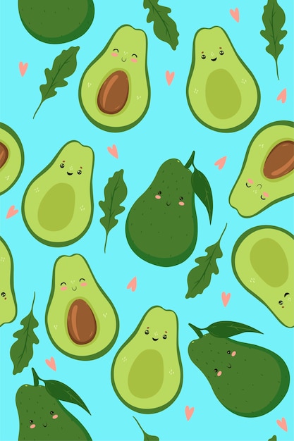 Cute seamless pattern with avocado and arugula leaves.