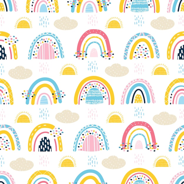 Cute seamless pattern with baby rainbows, clouds, sun, rain. Stylized child's drawing. Design for scrapbooking, fabrics for baby clothes and bedding. Vector illustration drawn by hands